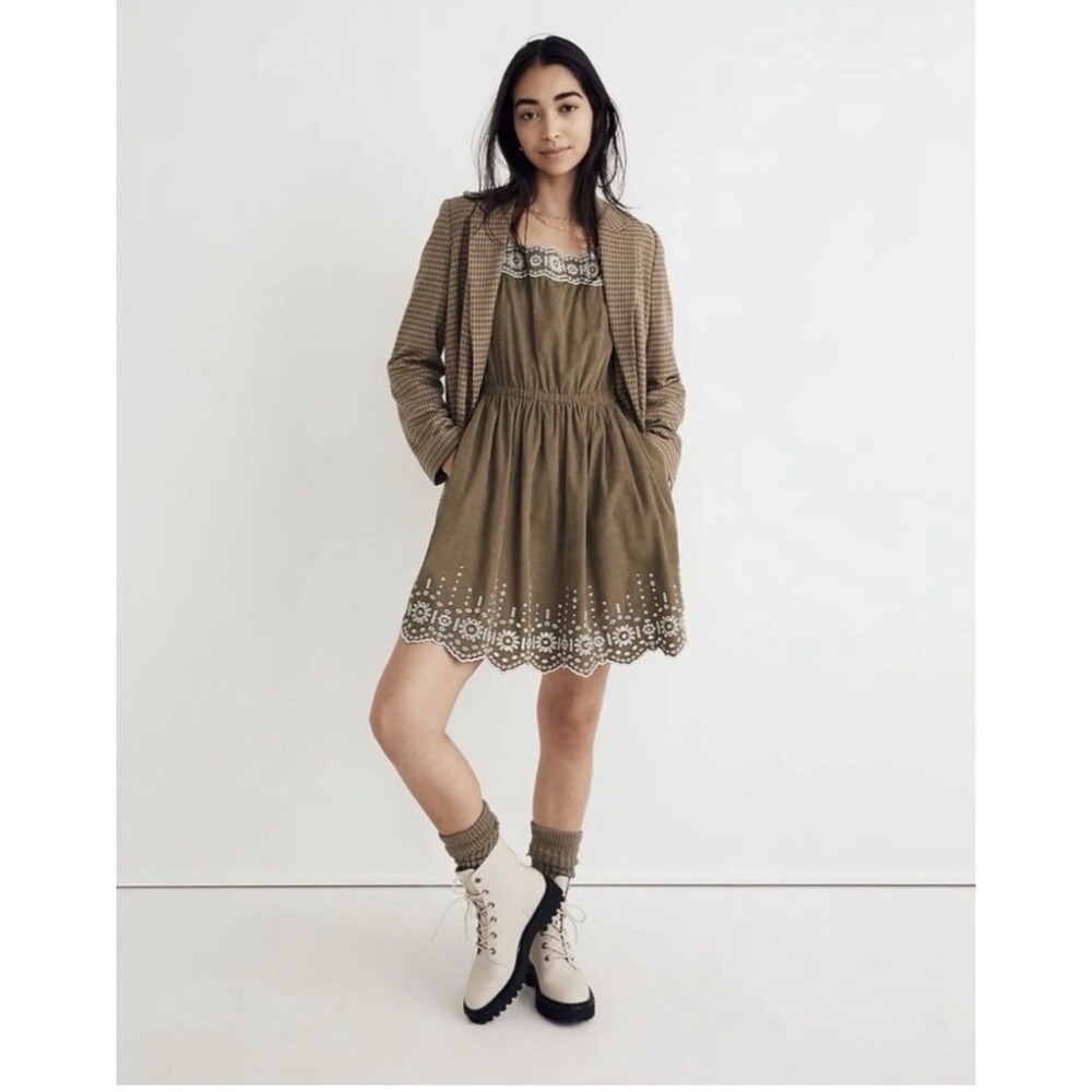 Madewell Embroidered Trim Square-Neck Scalloped Hem Casual Corduroy Dress S
